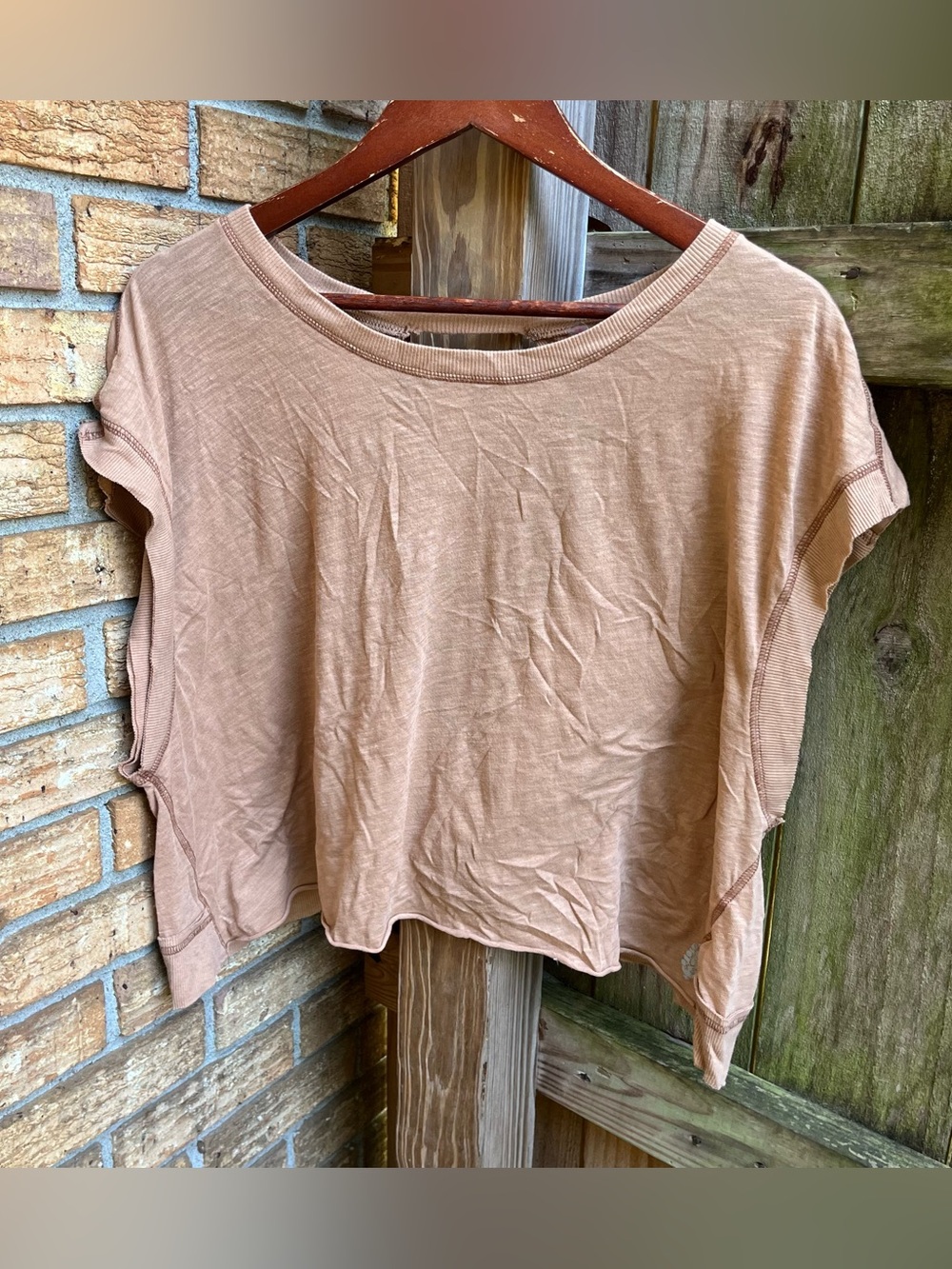 FP Movement by Free People Boxy Cross Back Cropped Tee in Light Brown